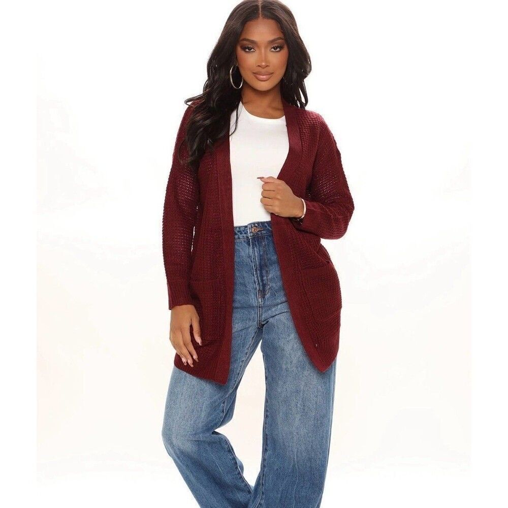 Fashion Nova NWT Women Medium Red Wine Crochet Knit Long Sleeve Cardigan Fall